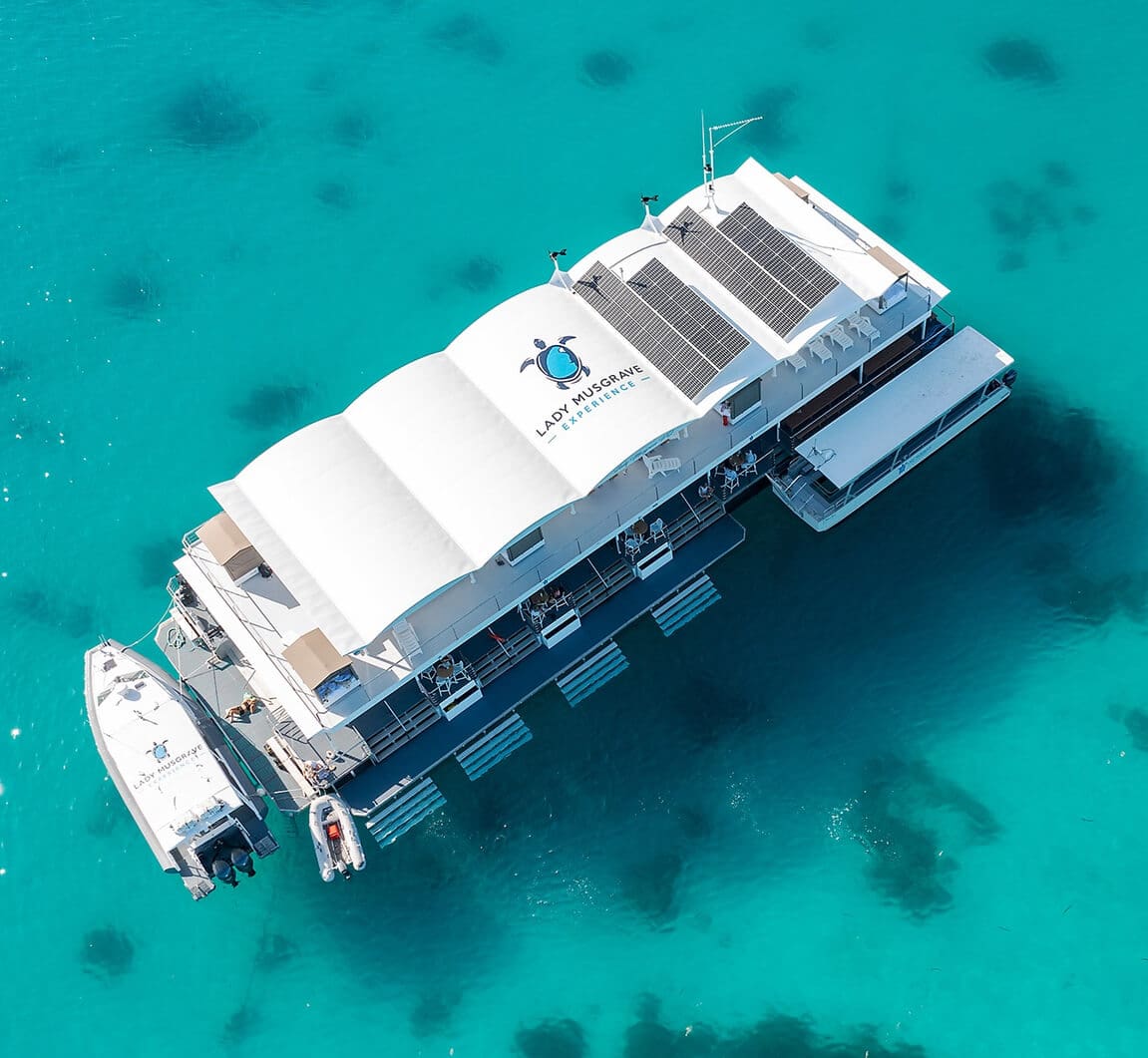 The reef pontoon anchored in the lagoon